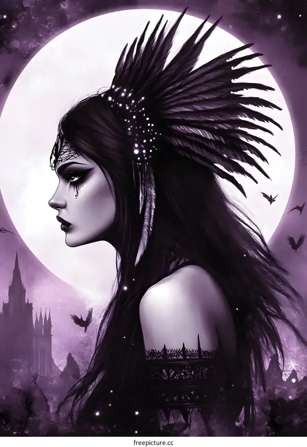 Dark Fantasy Woman With Feathers Headdress And Moon In Background