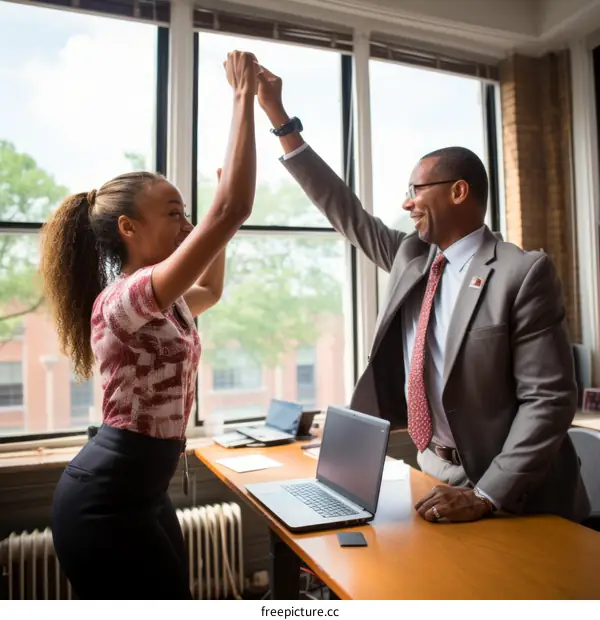 A young woman and an older black man give each other a high five in celebration