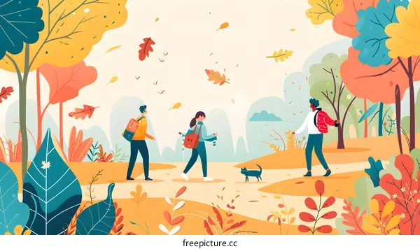 Autumn Forest Illustration with People Walking and a Cat