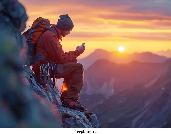 Young caucasian man sitting on a mountain peak and using a smartphone