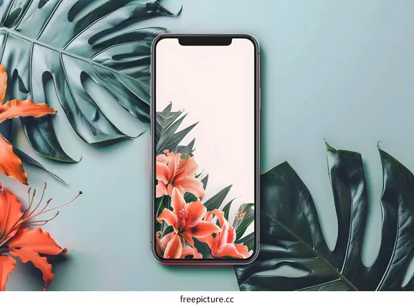 Phone Screen Mockup with Tropical Leaves and Flowers