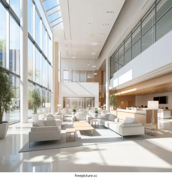 An illustration of a modern office lobby with a large glass window and a high ceiling