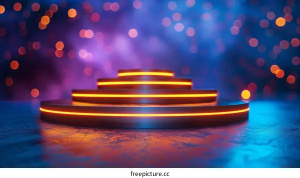 Glowing orange and blue podium with colorful spotlights in the background