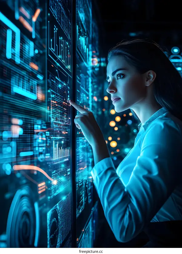 Woman Analyzing Data on a Large Digital Screen