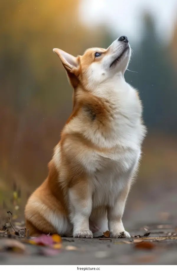 A cute corgi sitting on the ground and looking up