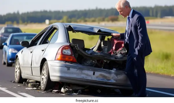 Car accident on the highway with a man standing next to his damaged car