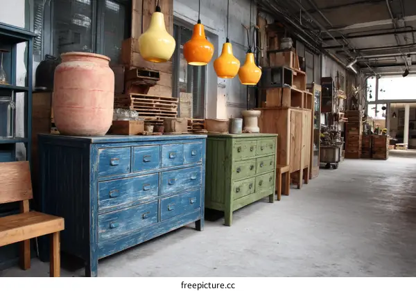 Vintage Industrial Furniture Display in a Warehouse