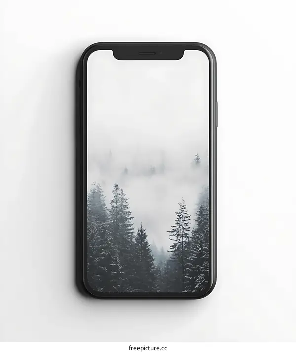 Black Smartphone Mockup With Foggy Forest Landscape