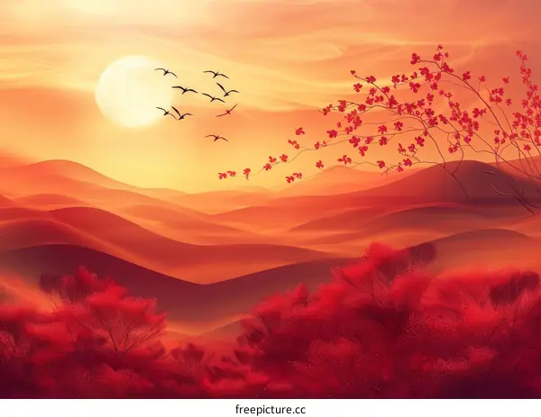 Sunset by the River Red Trees