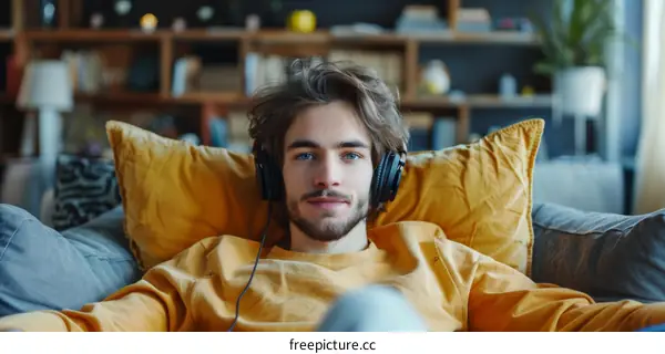 Relaxing at home with headphones on