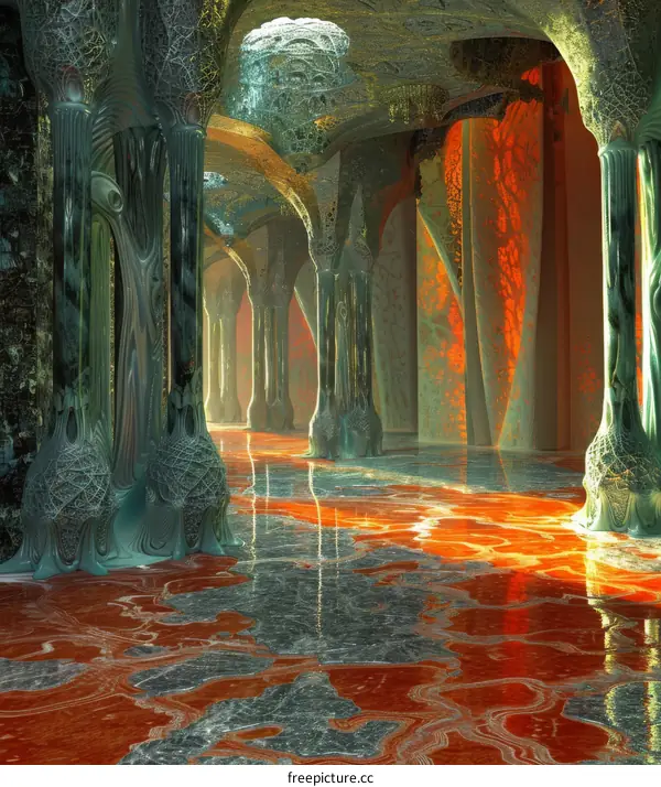 Futuristic Temple with Glowing Columns and Lava Floor