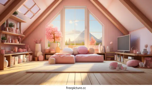 Pink Attic Bedroom with Mountain View and Large Windows