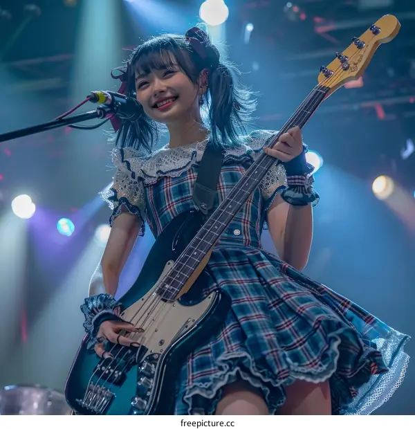 A smiling woman playing a bass guitar on stage