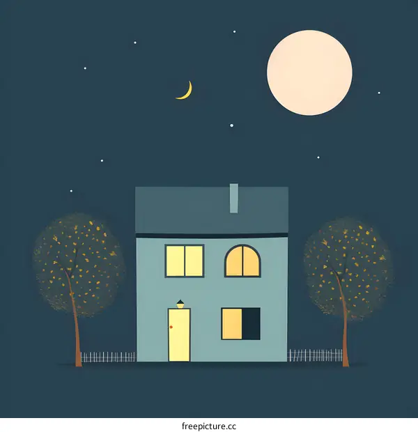 Night Illustration of a Small House with Trees and Moon