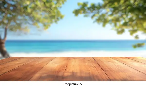 Wooden Table Top with Defocused Beach Background