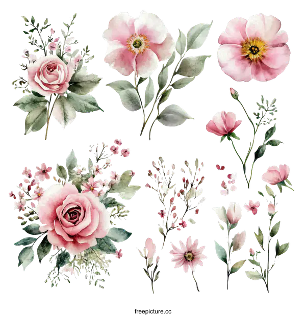 [Transparent Background PNG]Beautiful Watercolor Floral Illustrations Set