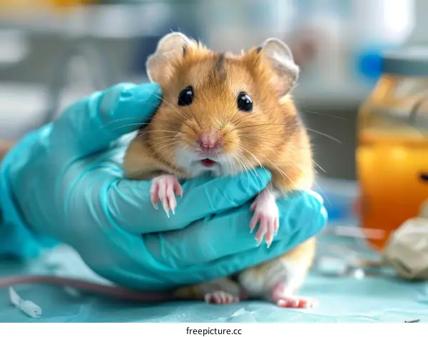 Gloved Hand Holding a Brown Mouse in a Laboratory