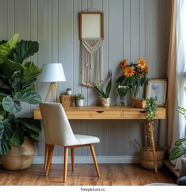 A wooden desk with a lot of plants and flowers on it.