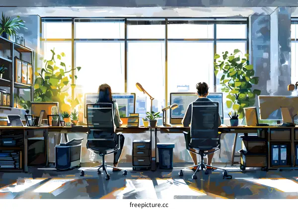 Two people working in an office