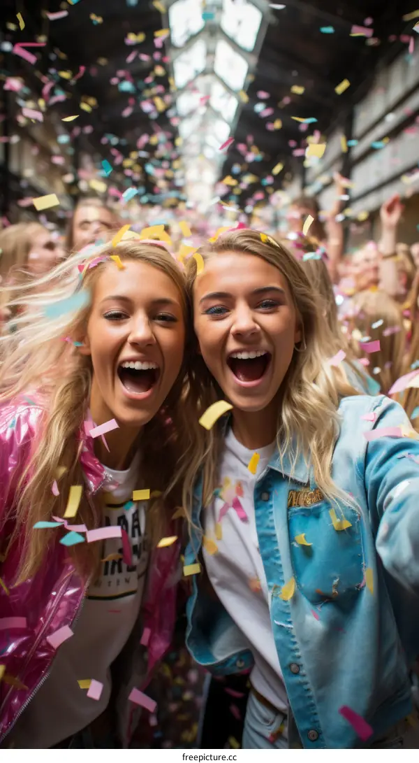 Two young women celebrating with confetti