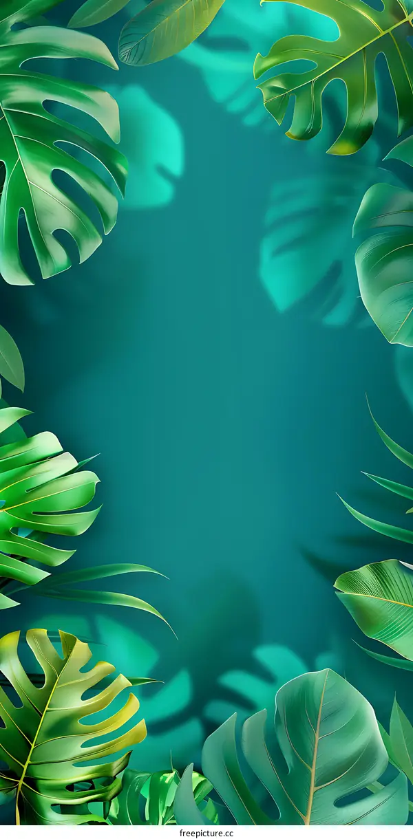 Tropical Leaves Frame on Teal Background