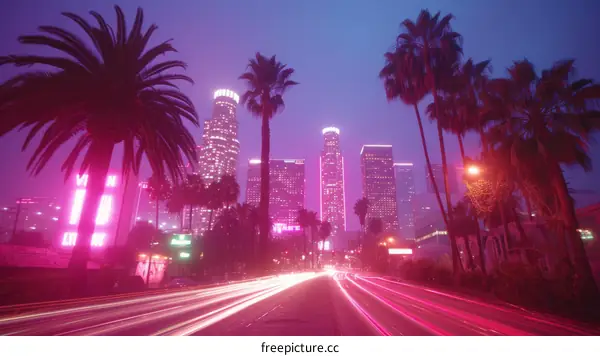 A Nighttime Cityscape with Pink Neon Lights and Palm Trees
