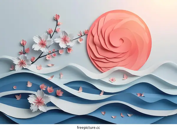 Paper cut art of cherry blossoms and ocean waves