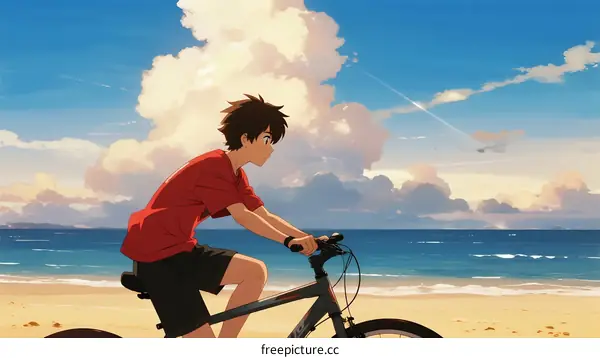 A Young Boy Riding a Bicycle on a Sandy Beach Under Blue Sky