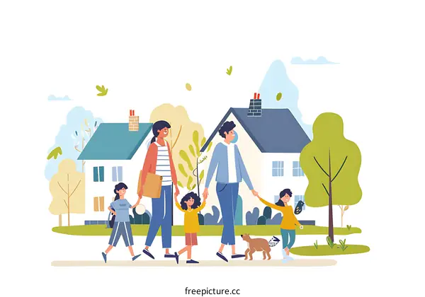 Family Walking in the Neighborhood with Dog