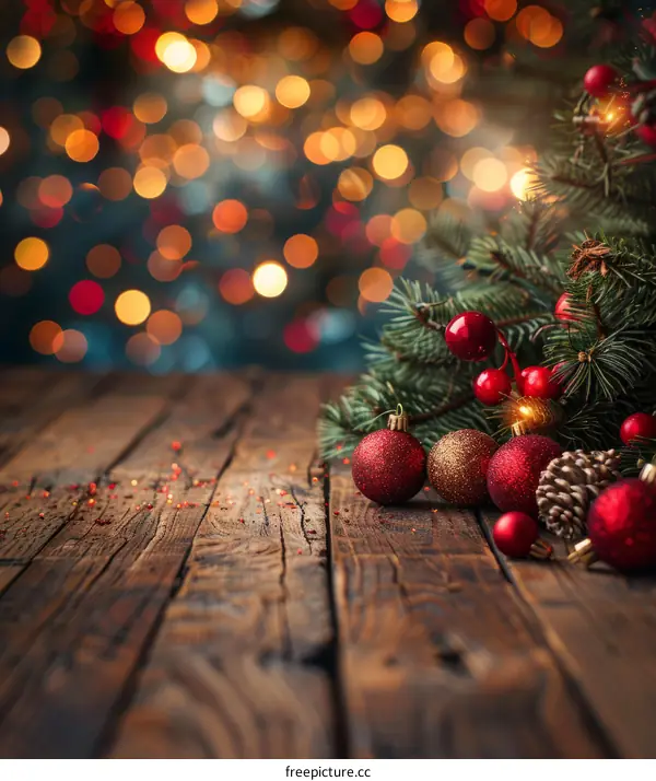 Christmas Background with Fir Branches and Festive Decorations