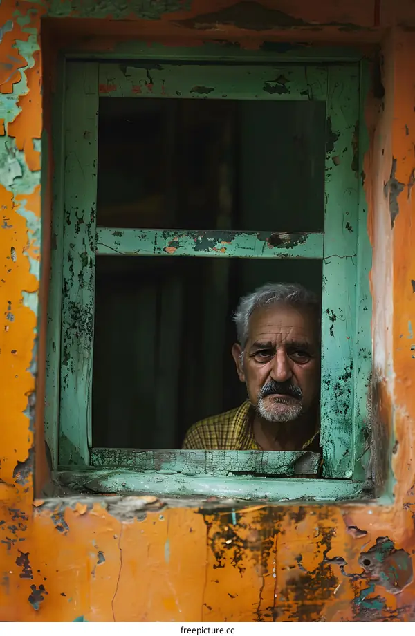 Portrait of an old man looking out the window