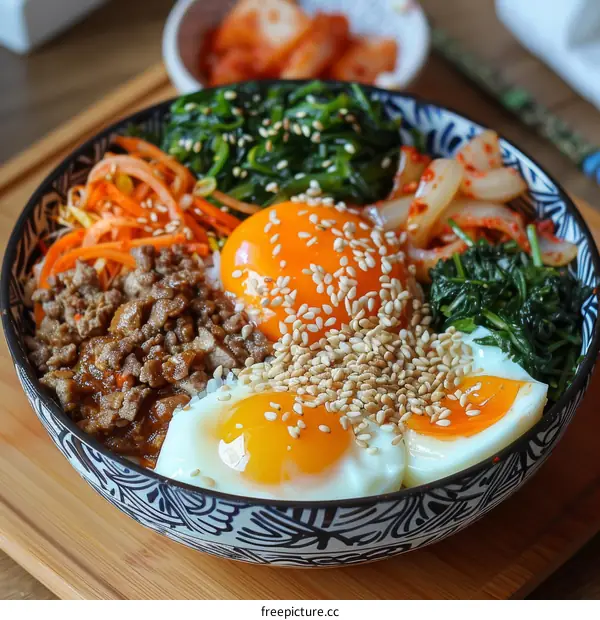 Authentic Korean Bibimbap: Rice, Beef, Egg and Vegetables