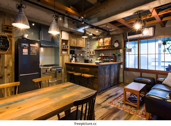 Rustic Kitchen and Living Room Interior Design With Wooden Beams