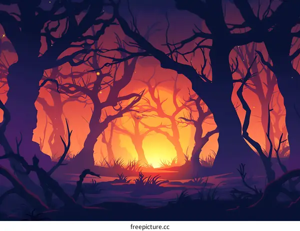 Dark Forest Silhouette with Orange Sunset