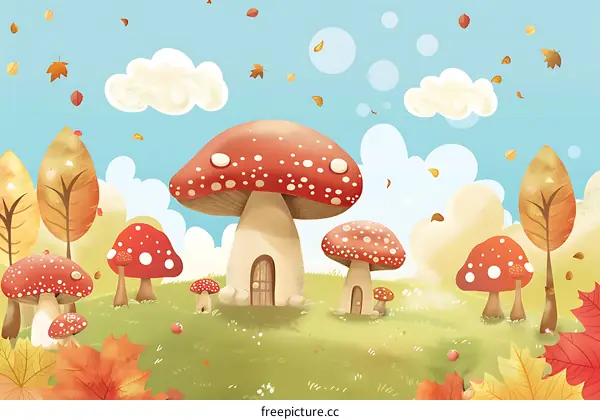 Autumn Forest Landscape with Mushrooms