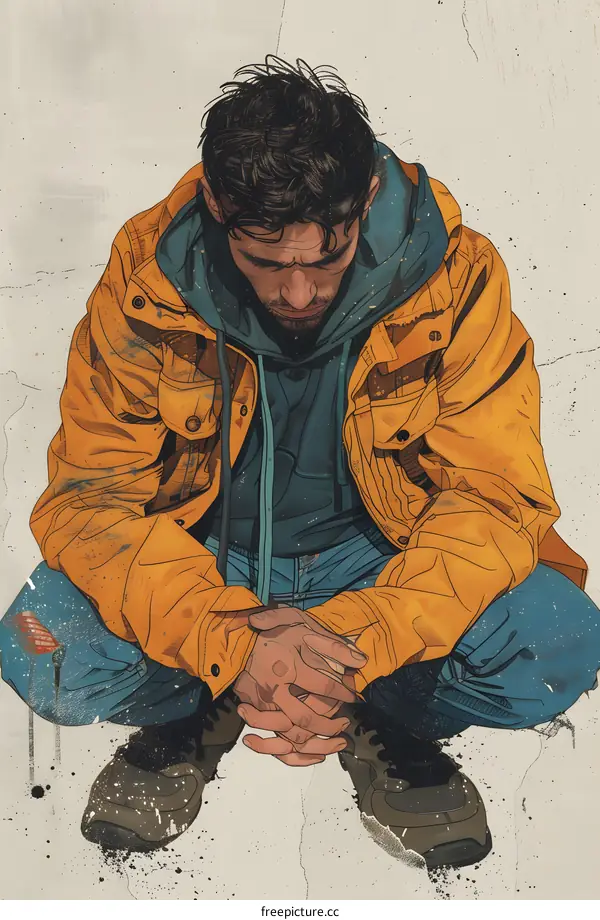 A man with a yellow jacket and blue jeans is squatting on the ground with his hands clasped in front of him