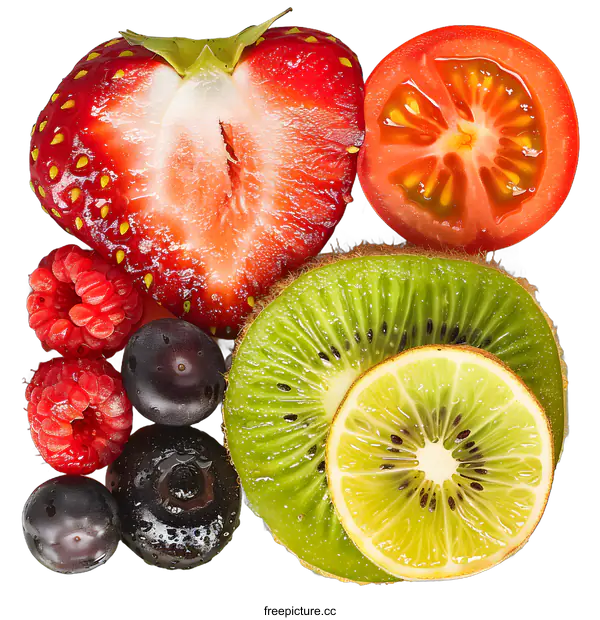 [Transparent Background PNG]Fresh Fruit Salad with Strawberry, Kiwi, Tomato and Blueberry
