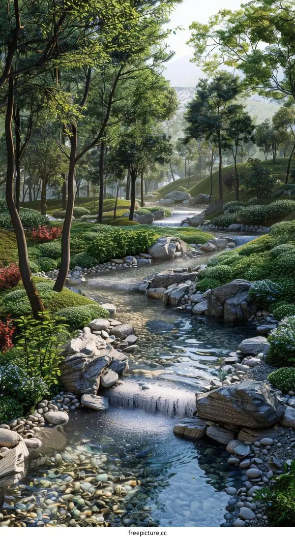 A Picturesque Landscape with a Flowing River, Verdant Trees, and Vibrant Flowers