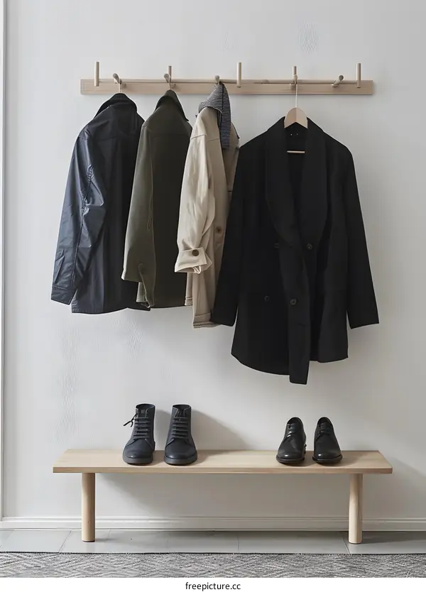 Wooden Bench with Coat Rack and Shoes