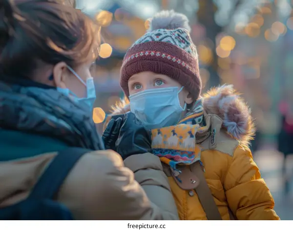 Mother and son wearing masks to prevent coronavirus