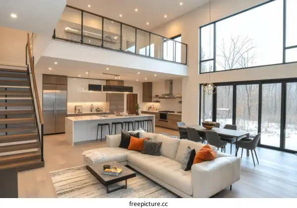 Modern Open-Concept Home Interior with Large Windows