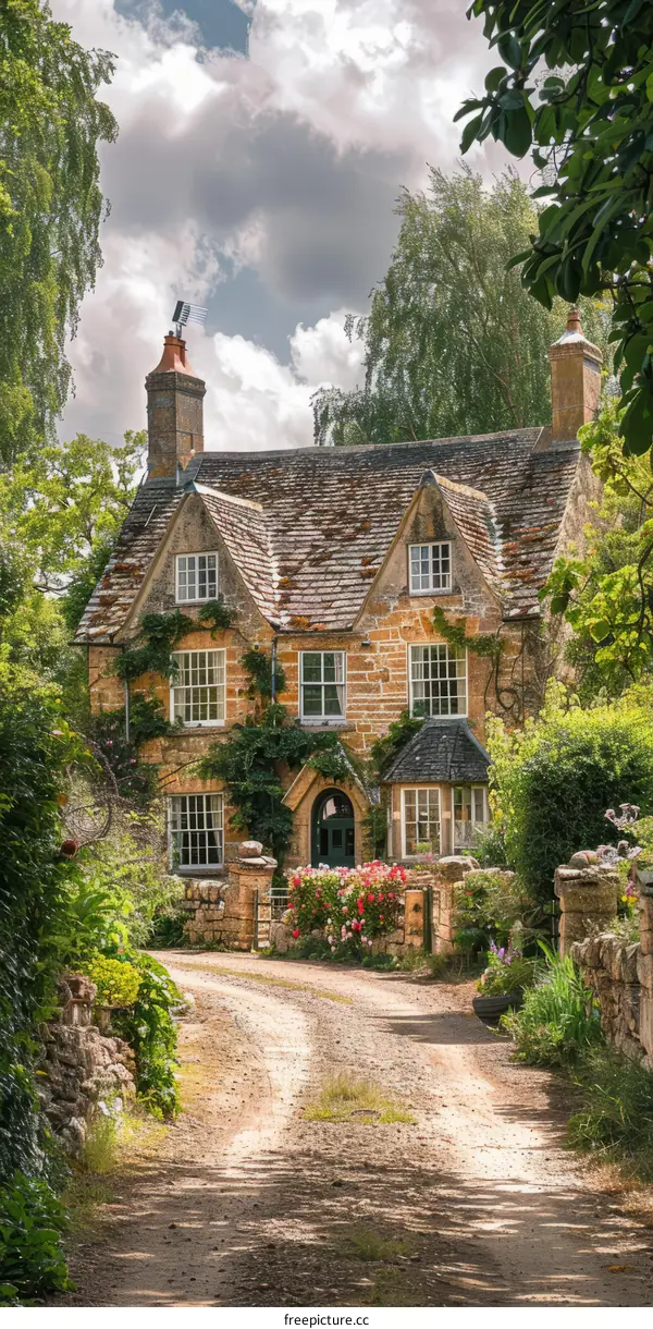 Charming English countryside stone cottage with flowers