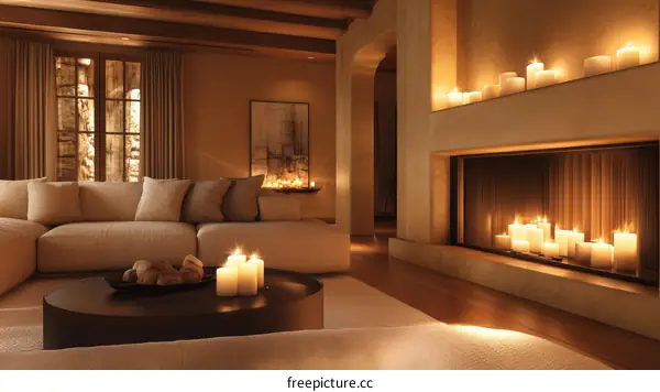 Cozy Living Room with Candles and Fireplace