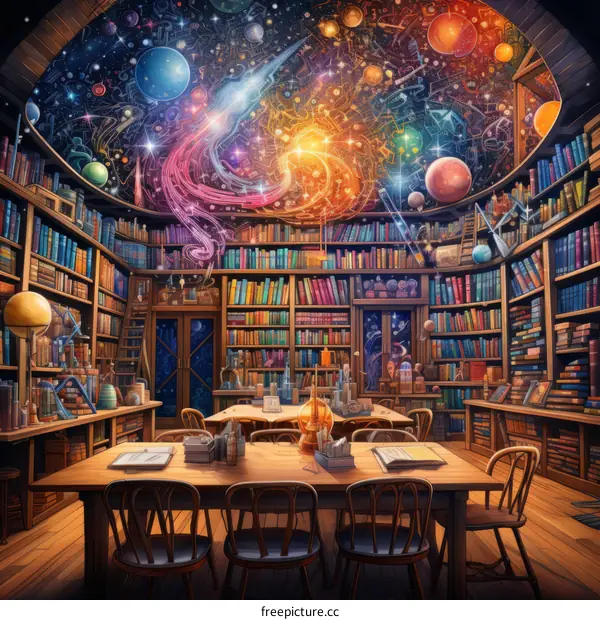 A library with bookshelves, chairs, and a table