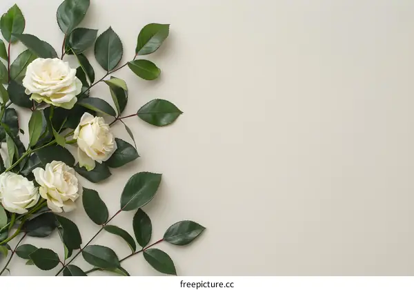 White Roses and Green Leaves on Beige Background