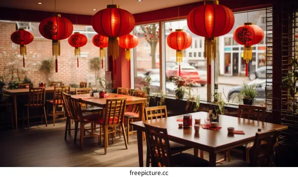 Chinese Restaurant Interior with Ornate Decorations and Lanterns