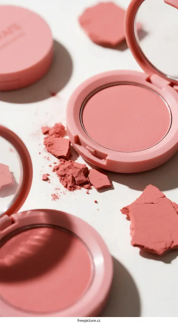 Pink Blush Products with Crumbs on White Background