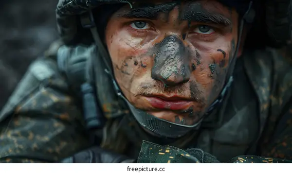 Portrait of a soldier with mud on his face