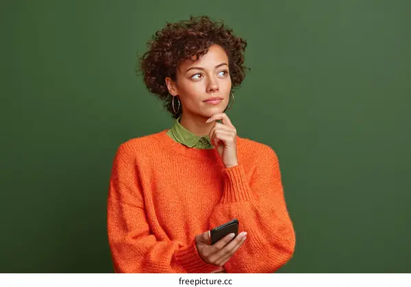 Thoughtful Woman in Orange Sweater