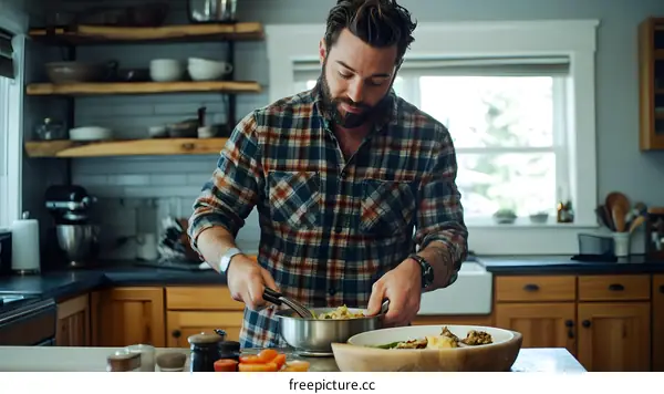 Man in Plaid Shirt Cooking in a Kitchen